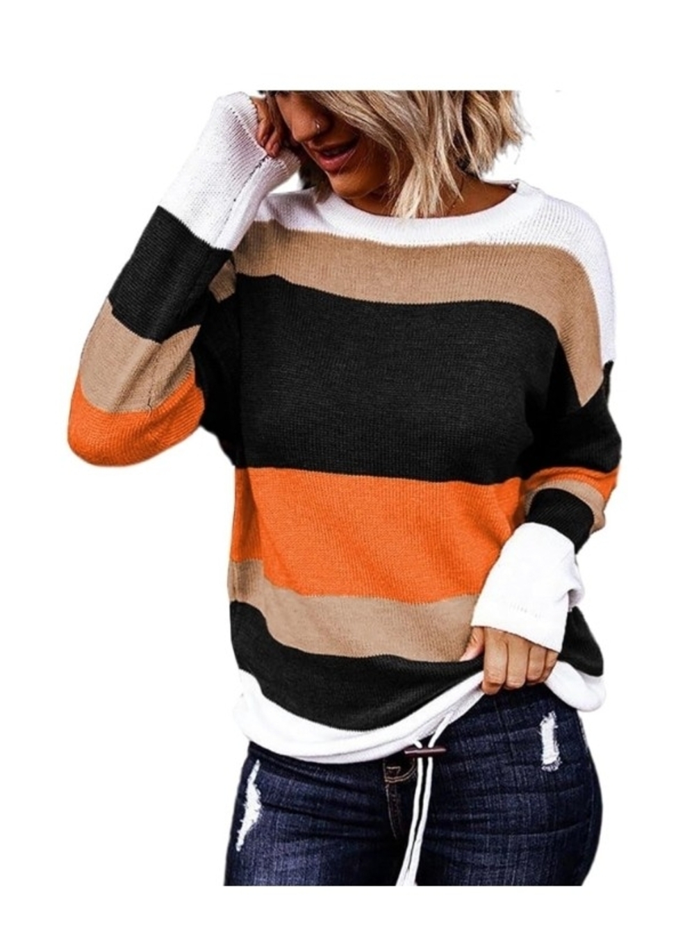 Nwt Dokotoo Large Fall Sweater Round Neck Striped Cute Winter Pullover Sweaters